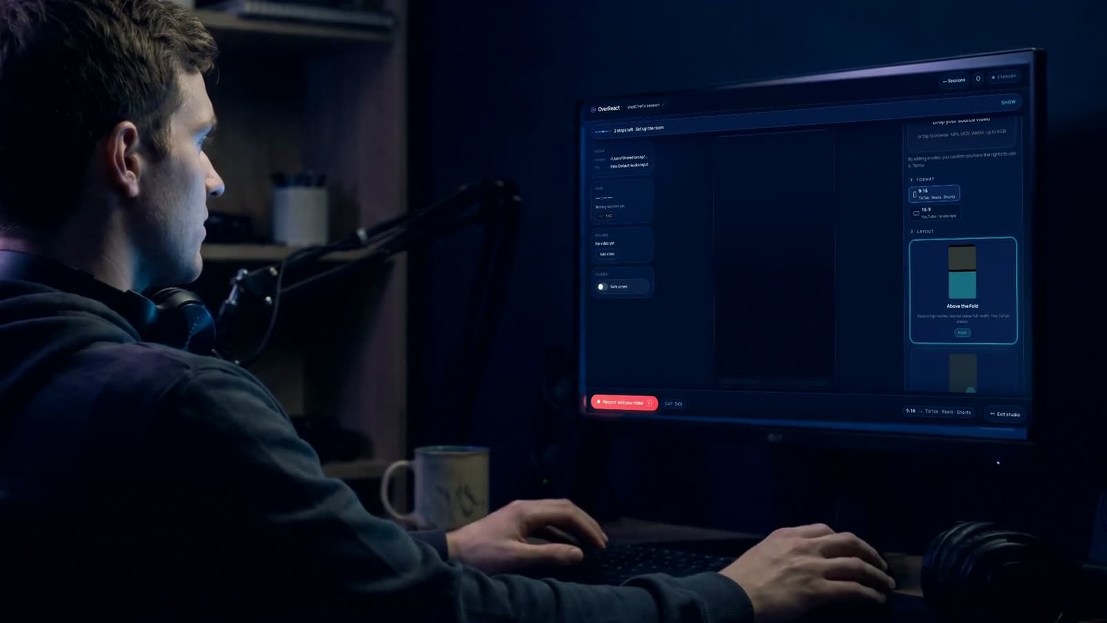 A creator records a reaction in the browser on a laptop and on a phone, then downloads the finished vertical video.